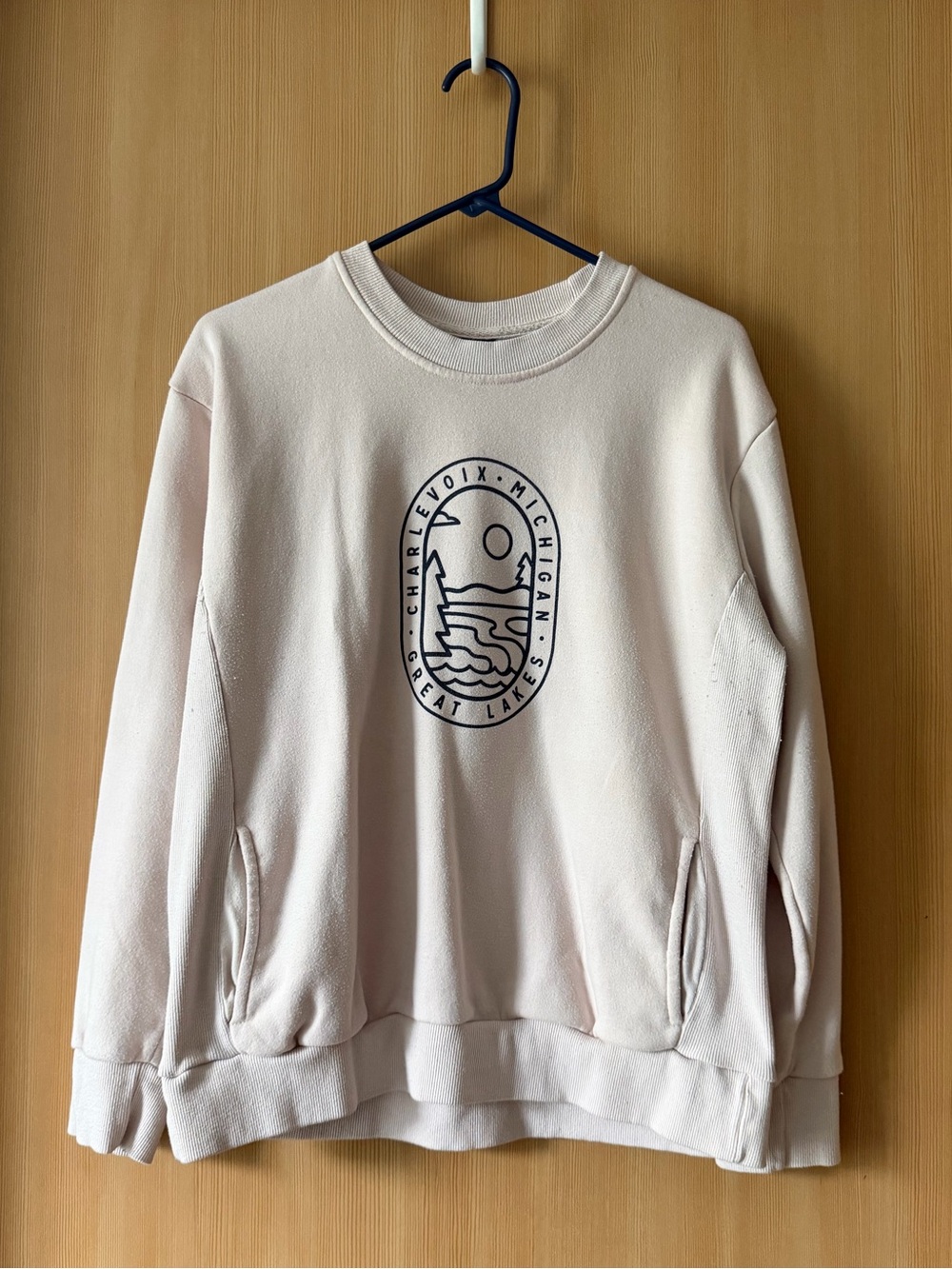Charlevoix, Michigan Crew Neck Sweatshirt in Baby Pink